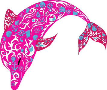海豚与模式，一种海洋动物，跳跃的鱼 野生动物 哺乳动物插画，矢量绘图