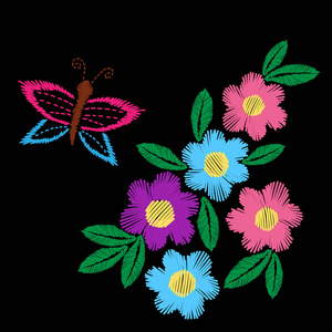 五颜六色的花与叶和蝴蝶刺绣针读出