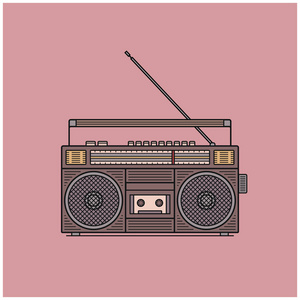 老式的, 复古风格的录音机, 贫民窟的繁荣盒从 90s, 矢量插图隔离在粉红色的背景。录音录音机前视