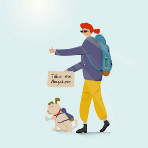 年轻背包冒险的女人与狗和搭便车在路上。卡通与插画矢量