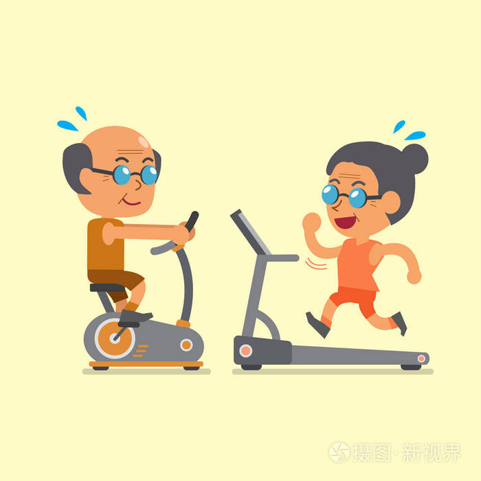 卡通老年人锻炼与运动自行车和跑步机