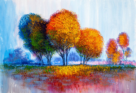 油画风景, 五颜六色的树木。手绘印象派, 户外景观