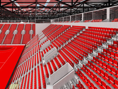现代体育竞技场手球与红色的座椅和 1 万球迷的贵宾包厢