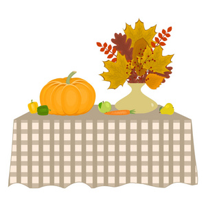 秋天静物。有一个花瓶, 有秋天的叶子, 蔬菜和水果, 桌子上有格子桌布。矢量插图