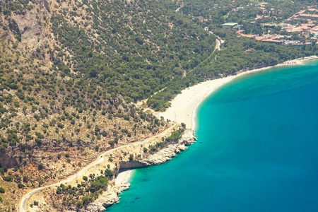 费特希耶, 土耳其全景 Belcekiz 海滩景观。Oludeniz, 蓝色泻湖费特希耶从空中无人机。地中海海岸