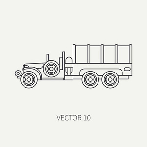 线素色平板矢量图标篷布货车军队。军用车辆。卡通的复古风格。货物和士兵的运输。拖拉机机组。丝束。简单。插图和为您的设计元素