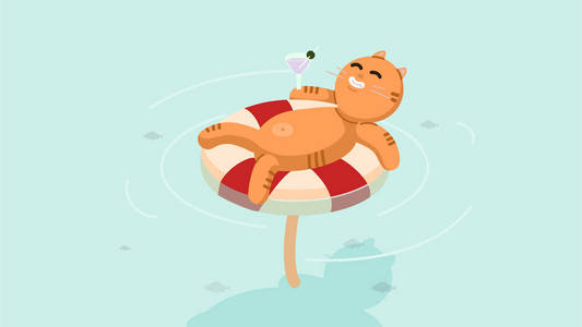 你好夏天。黑猫漂浮在黄色的空气池水床垫上。棕榈树叶。可爱的卡通放松性格。太阳 镜。水与波浪。平面设计。向量