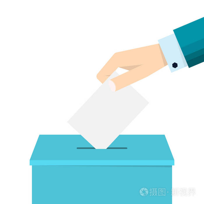 商务手在投票箱中投选票.投票概念平面绘制风格矢量设计插图