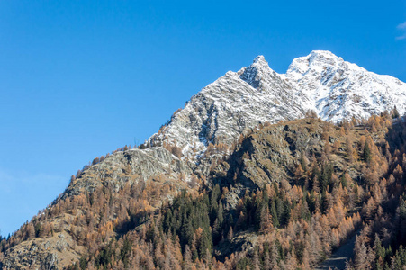 Gressoney 高山谷的全景, 位于意大利北部的奥斯塔山谷附近。Gressoney 山谷位于意大利北部的奥斯塔山谷。它的标志