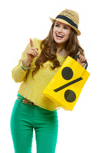 微笑在帽子里显示购物袋和指向一边的女人
