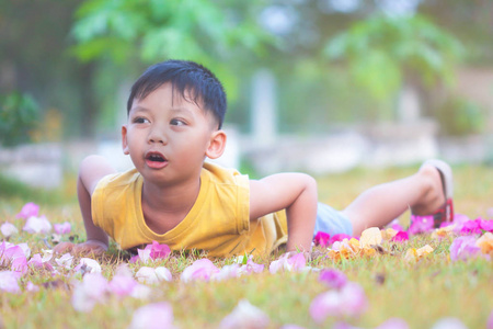 快乐的男孩在草坪上玩耍。在明亮柔和的气氛中