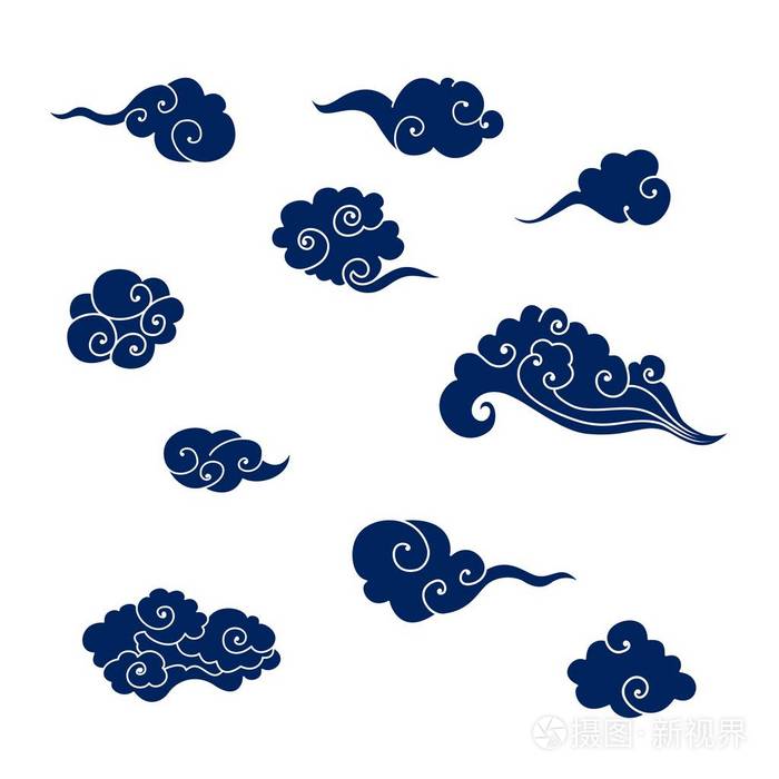 蓝色亚洲云彩的汇集.一套剪纸卡通云的传统中式风格.