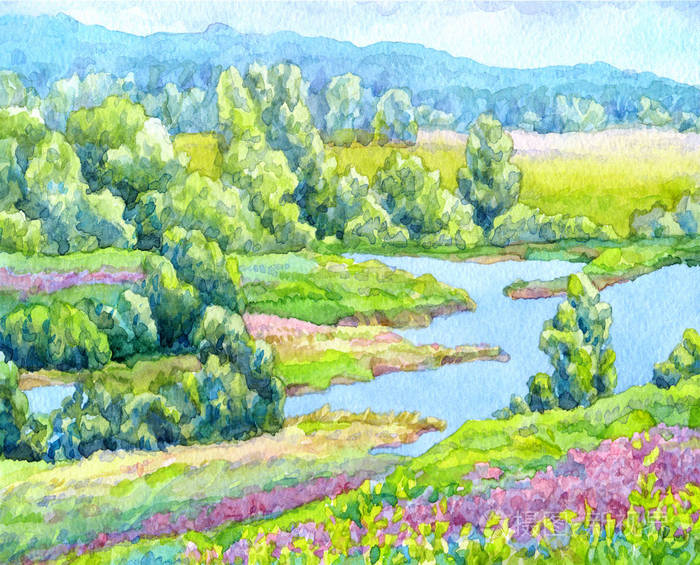 水彩风景.夏天河在山谷的草地