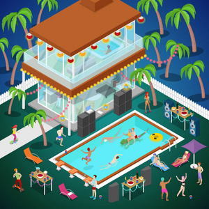 室外游泳池一方。热带的豪华酒店。等轴矢量平面三维图