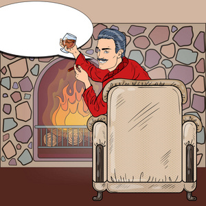 有钱人雪茄喝葡萄酒壁炉旁的椅子上。波普艺术矢量图