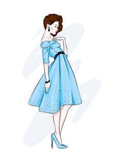 一个穿着漂亮复古礼服的女孩。矢量插图。服装和配件, 复古和复古