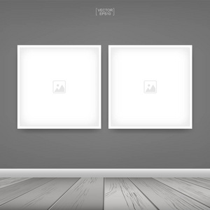 空相框或图片框架背景在房间空间区域与灰色墙壁背景和木地板。房间设计与室内装饰的矢量理念