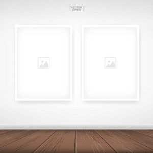 空相框或图片框架背景在房间空间区域与白色混凝土墙壁背景和木地板。矢量插图