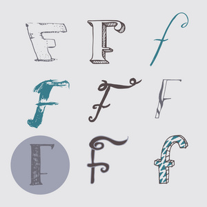 原始字母f设置隔离在浅灰色背景上。 阿尔法
