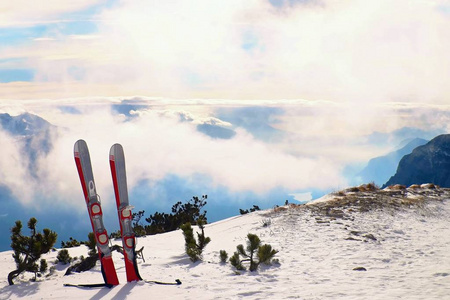 滑雪板在雪的山，在高峰期很好阳光明媚的冬日