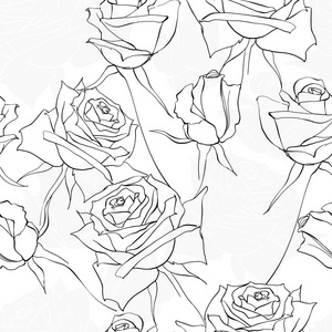 无缝单色花卉图案与玫瑰。矢量插图