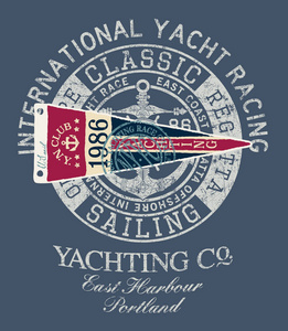 经典复古帆船赛帆船帆船赛男童衬衫与贴花刺绣补丁的矢量打印