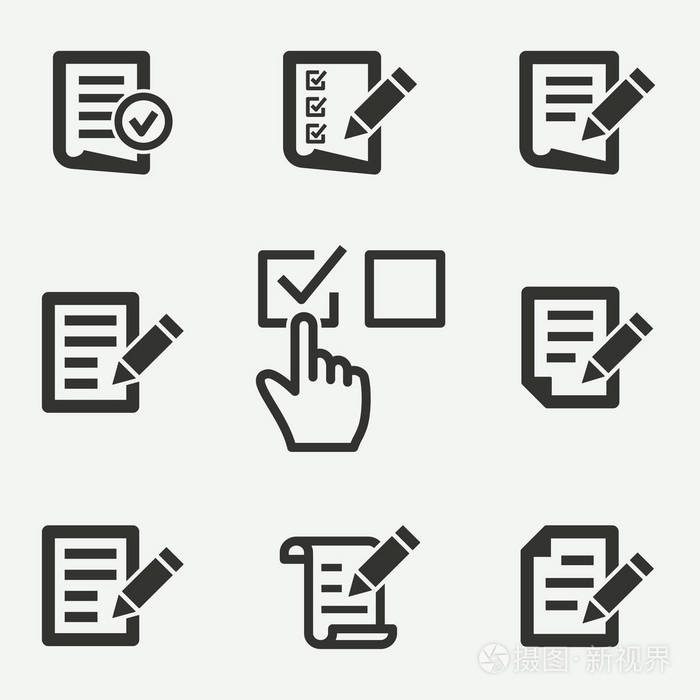 调查图标集.用于图形和 web 设计的黑色插图