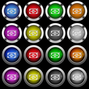 美元白色图标在圆形光泽按钮与钢框架在黑色背景。按钮有两种不同的样式和八颜色