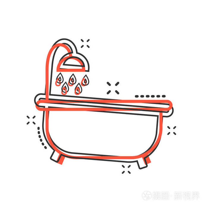 矢量卡通浴缸图标的漫画风格.浴室淋浴标志插图象形文字.