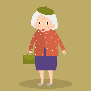 老妇人走着袋子。祖母。可爱的高级女子走。矢量图