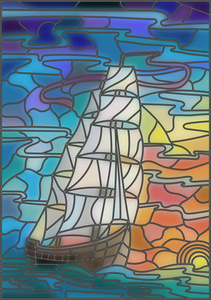 对天空 大海和日出帆船彩绘玻璃风格的插图
