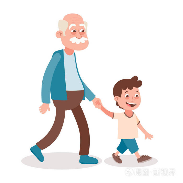 插画 祖父和孙子走着 他牵着他的手.卡通风格 在白色背景下隔离.