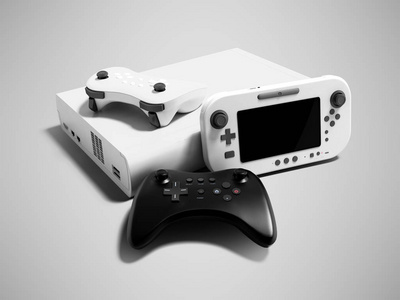 现代游戏控制台白色与两个 dzhostikami 和便携式游戏控制台3d 渲染灰色背景与阴影