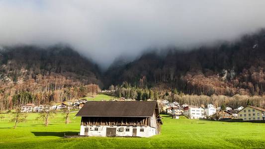 对英格堡，瑞士冬季景观美丽模糊的看法