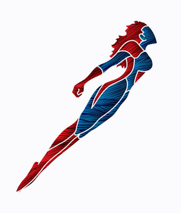 超级英雄飞行行动, 卡通超级英雄女子跳跃图形矢量