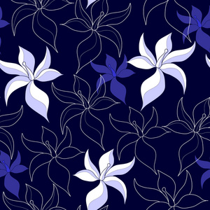 与白色的花，蓝色背景上的无缝模式。手绘花卉纹理