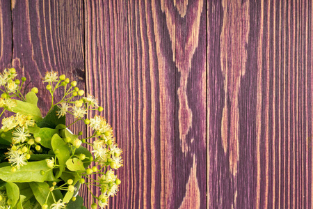 椴花在木质背景上。美丽的夏天花束在木桌纹理。紫椴开花与地方为文本