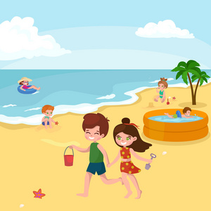 在海滩的乐趣。快乐的孩子订货砂周围水
