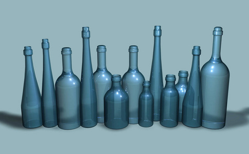 各种形式的蓝色玻璃瓶在中性背景, 3d 渲染