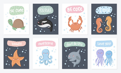 矢量集可爱的明信片与有趣的海洋动物。海报与可爱的海洋物体背景, 柔和的颜色。情人节, 周年纪念日, 婴儿送礼会, 新娘, 生日
