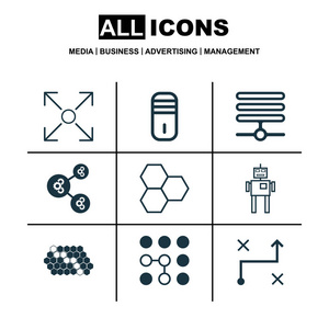 9 机学习图标集。包括主机 机器人 信息组件和其他符号。漂亮的设计元素