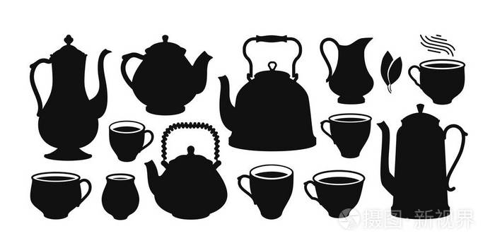 茶具 剪影.水壶 茶壶 杯 奶精图标或符号.矢量图