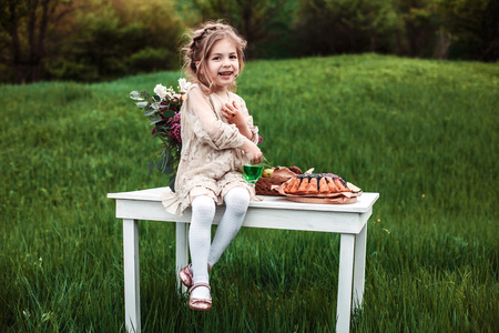 小宝贝女孩吃巧克力蛋糕在野餐的性质
