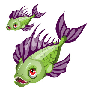动画片绿色鱼与紫色鳍和锋利的牙被隔绝在白色背景。矢量卡通特写插图