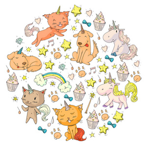 矢量独角兽。Caticorn。猫, 狗, 小马与号角和彩虹。Fantasty 矢量图标。可爱的幼儿园模式为小朋友。公主童话