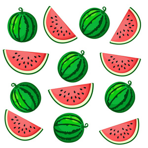 多汁的西瓜夏季水果和一片西瓜。白色背景上的矢量图。设计的元素。打印的瓜。夏季市场水水果