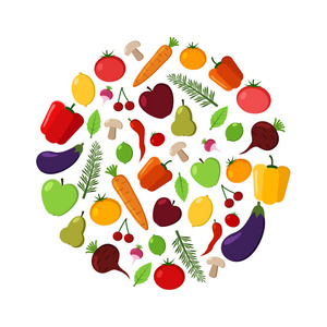 在白色背景上的水果和蔬菜向量圆。现代平面插图。健康食品设计