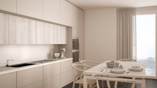 现代最小的白色的厨房用木地板，经典室内