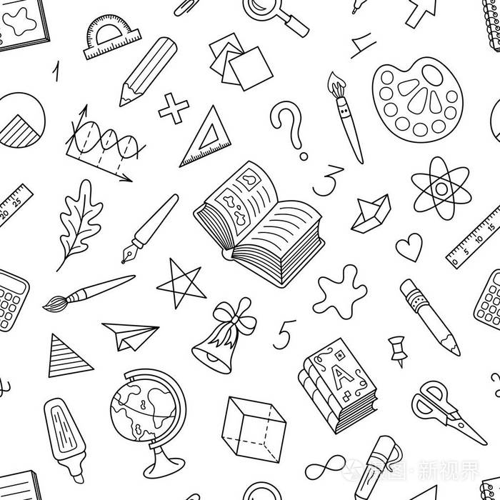 插画 黑白无缝的学校文具图案.