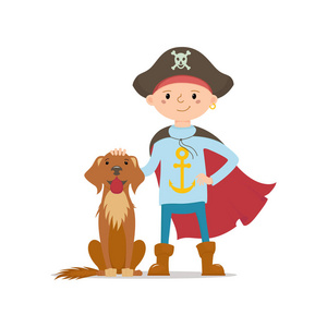 小男孩在海盗帽子和角站与狗